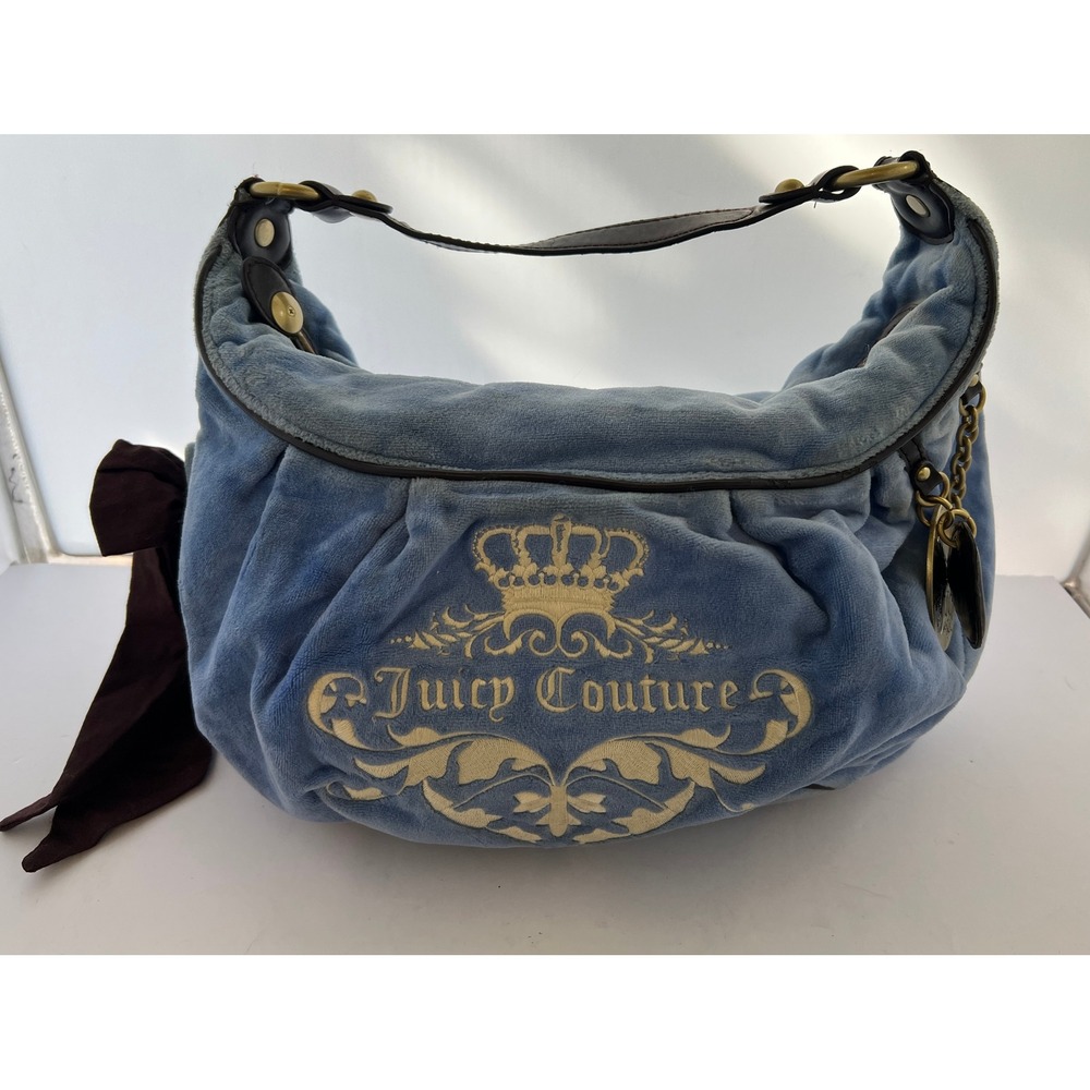 Juicy Couture Vintage Blue Velour Dumpling Bag Y2K Crown Logo Leather Trim
